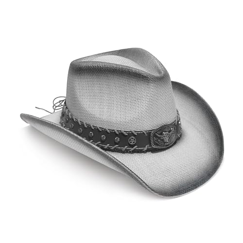 Image of YOUBADU Western Straw Cowboy and Cowgirl Hats with Decorative Bands - Unisex Wide Brim Raffia Style Sun Hat