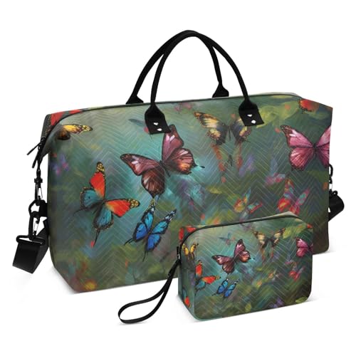 Large Travel Duffel Bag, Butterflies in Forest Sports Tote Gym Bag, Shoulder Weekender Overnight Bag for Women Men, Carry On Luggage with Toiletry Bags