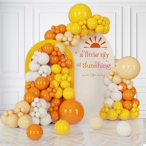Image of Here Comes The Sun Balloon Arch Kit 136 Pcs Retro Burnt Orange, Mustard Yellow, Nude, Sand White Balloon Garland For Groovy Boho Baby Showers, Sunshine First Birthday Party, Sunset，Fall Celebrations
