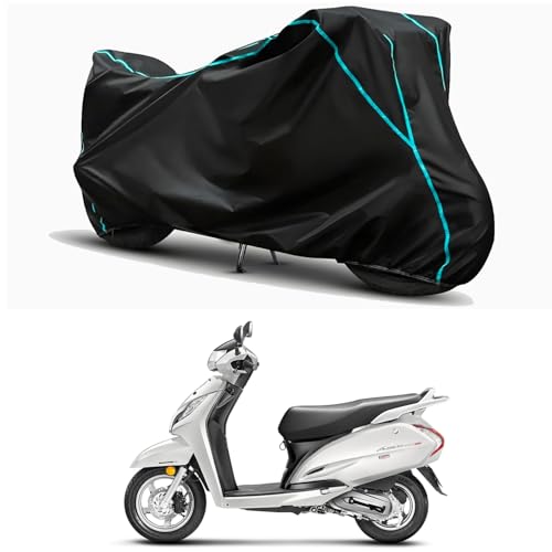 Image of Waterproof Bike Body Cover Compatible for | Honda Activa 125 Drum | Taffeta Fabric, Sky Piping Design, Bottom Elastic Fit | Dustproof, Sun UV & Rain Protection for All Weather.