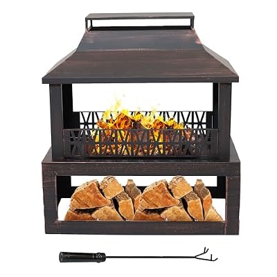 Sunnydaze Backyard Blaze 35-Inch H Heavy-Duty Steel Outdoor Fireplace with Built-in Log Storage - Includes Protective Cover - Brushed Bronze