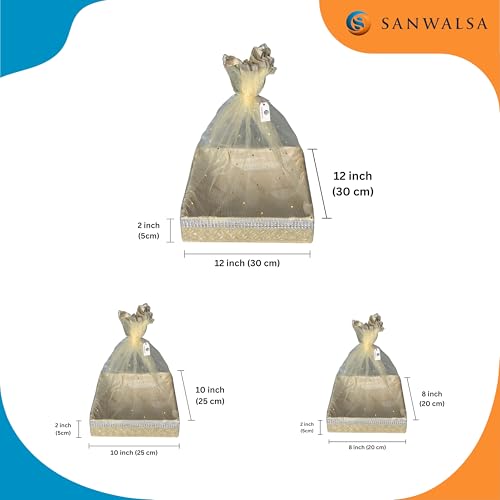Image of (Set of 3-8 inch,10 inch,12 inch inch, Square, Beige-Stone Lace) MDF Base Designer Gift Hamper Packaging Baskets with Net Cover, Gift Hamper Organiser Perfect for Any Occasion