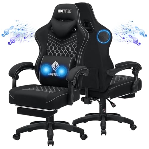 Gaming Chair Computer Chair Fabric with Bluetooth Speakers Massage Game Chair with Footrest Ergonomic High Back Gamer Chair with Lumbar Support Reclining Gaming Chairs for Adults Black Fabric HOGC-FAB502