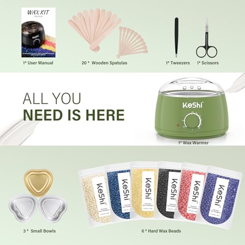 Image of KeShi Waxing Kit, Painless Hair Removal Wax Warmer with 6 Bags Hard Wax Beans for Full Body, Legs, Face, Eyebrows & Bikini- Ideal for Both Women & Men(Green)