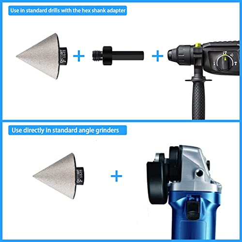 Diamond Beveling Chamfer Bit, Countersink Drill Bit For 0-2" (50Mm) Hole Enlarging Trimming In Porcelain, Ceramic Tiles W/ 5/8"-11 Thread For Angle Grinders & 3/8” Hex Shank Adapter For Drills #TOP4