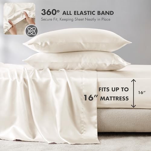 Image of Madison Park Essentials Satin Sheets Split King Size Bed Set, 7 Pcs, Ivory | Luxury and Smooth Silky Bedding with Natural Sheen, All Around Elastic 14 inch Pocket fits up to 16 inch Mattress, Year-Round Cozy