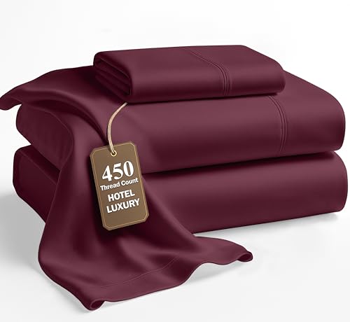 Image of LANE LINEN Twin XL Sheet Set - 450 Thread Count Premium Sateen Weave for Silky Feel On Skin - Cozy Sheets for Deep Sleep - Securely Fits Mattresses Upto 15'' Deep - Oeko Tex Certified - Windsor Wine