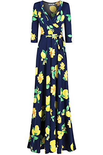 Bon Rosy Women's 3/4 Sleeve V-Neck Printed Maxi Faux Wrap Floral Dress Navy L