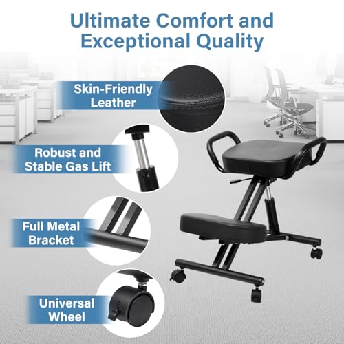Image of Ergonomic Kneeling Chair, Height Adjustable Stool for Home and Office, PU Kneeling Chair for Desk to Relieve Back Discomfort, Thick Moulded Foam Cushions Brake Casters