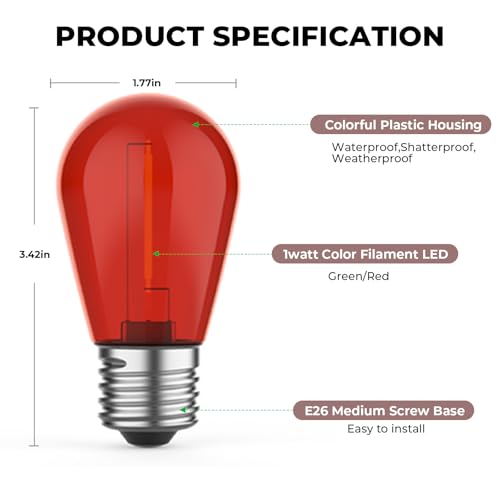 Image of GvvooHome 15 Pack S14 LED Edison String Light Bulbs Red&Green, Shatterproof Vintage 1W Bulbs for Patio Garden Lighting, E26 Medium Base