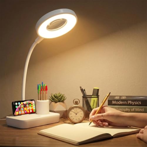 Image of fizzytech Rechargeable LED Table Lamp for Study Desk - 360 Flexible Desk Light with Pen Holder & Phone Stand, Touch Control Lamp for Students, Reading, Study & Office Use (White)