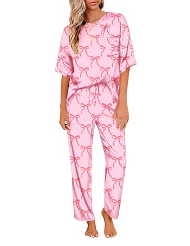 Image of Ekouaer Womens Satin Silky Pajama Set Short Sleeve Shirt with Long Pajama Pant Set Soft PJ Loungewear