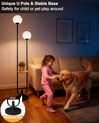 Image of 63IN 2-Globe Floor Lamp Dimmable Tall Standing Lamps with Table 3000K Warm White Unique Vintage Modern Mid Century Floor Lamp with 5Lbs Heavy Base for Living Room-Black