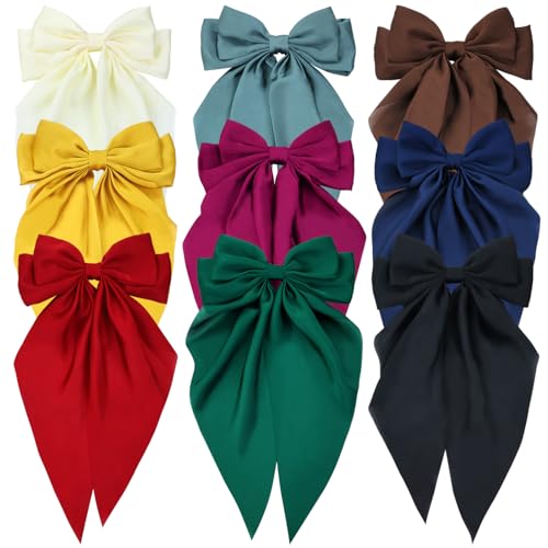 Yoosit 9 Pack Oversized Satin Hair Bows White Pink Red Blue Green Black Hair Accessories Bowknot with Long Tail Ribbon Giant Hair Bow Clips French Barrettes for Women Girls Ponytails and Buns
