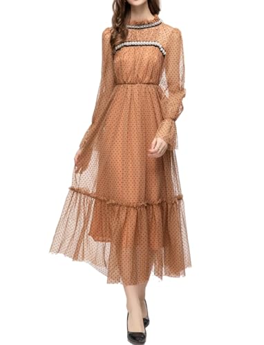 Women's Casual Dots Printed Beaded Striped Dresses Summer Crewneck Long Sleeves Party Dress4