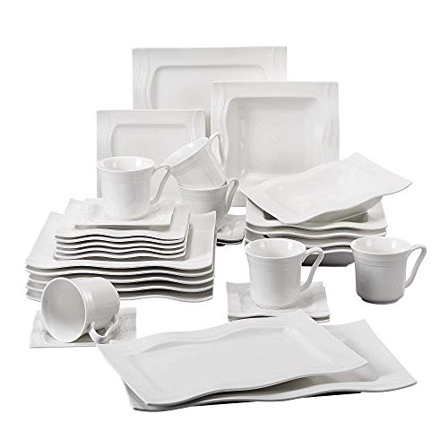 MALACASA, Série Mario, 32pcs Services de Table Complets Porcelaine, 6 Tasses, 6 Soucoupe, 6 Assiettes à Dessert, 6 Assiettes à Soupe, 6 Assiettes Plates et 2 Assiettes Rectangulaire