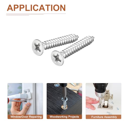 Image of DTGN 100Pcs #7x1 inch Flat Head Wood Screws, 304 Stainless Steel Phillips Self Tapping Screws - Good for Woodworking, Furniture - Silver