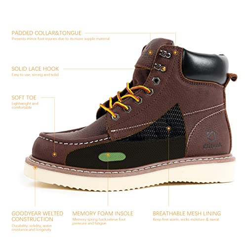 Men's 6" Moc Toe Work Boots - Full Grain Leather, Water Resistant, Non Slip, Lightweight, Wedge Sole, Soft Toe, Comfortable Construction3