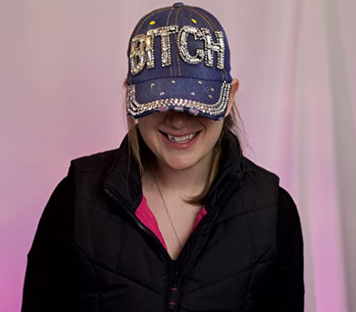 Popfizzy Bling Bitch Hat For Women Rhinestone Hat, Bedazzled Baseball Caps, Distressed Hat, Fancy Bejeweled Hats, Sparkle Studded Denim Ball Caps (Bitch) #TOP4