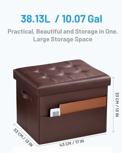 Image of Bsketa Storage Ottoman Bench,17 Inch Folding Leather Foot Rest Stool, Brown | Small Ottoman with Side Pockets, Thicker Foam Padded Seat, Livingroom, Dorm, Bedroom, Easy to install, 43L,17x13x13in