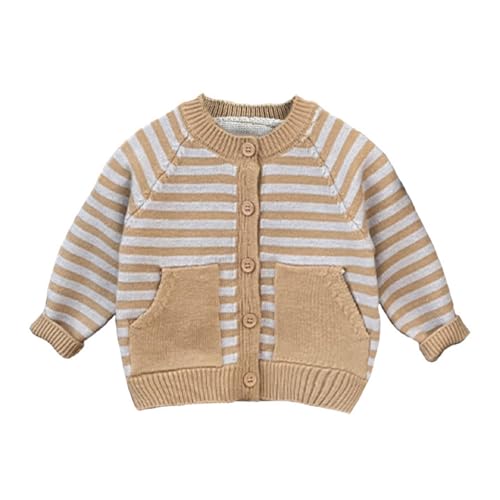 Baby Boy Girl Cardigan Knit Striped Round Neck Button Pockets Sweater