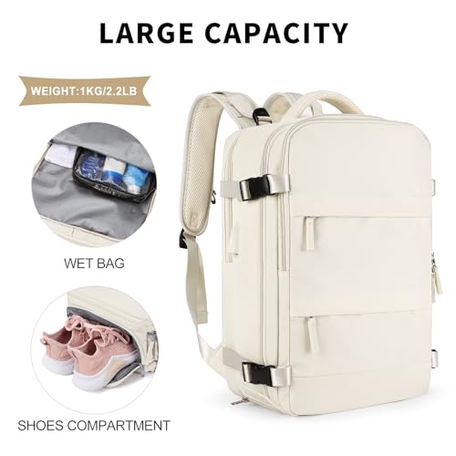 Image of coowoz Large Travel Backpack For Women Men,Carry On Backpack Flight Approved,Hiking Backpack Waterproof Outdoor Sports Rucksack Casual Daypack Fit 15.6 Inch Laptop Shoes Compartment(Off White)