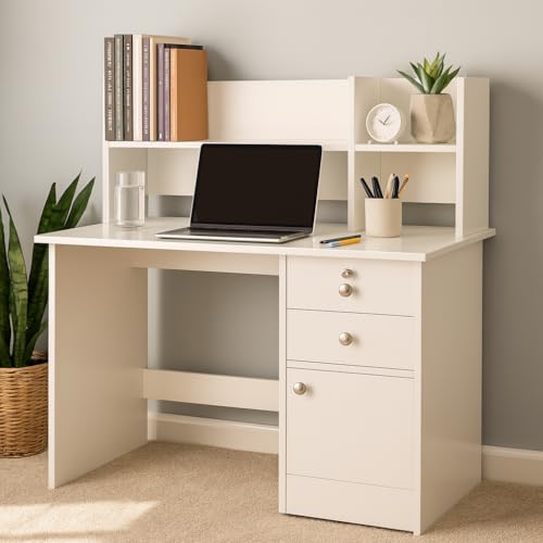Image of Nityam Multipurpose Computer Table with Drawer | Study Table with Book Shelf for Student |Office Table for Work Home (Color-White)