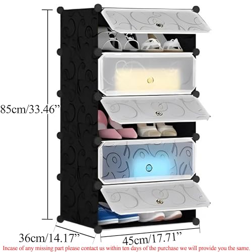 Image of Zemic DIY Plastic Shoe Rack for Home - PP Plastic Shelves with 5 Doors, Ideal for Heels /Shoes in Entryway, Hallway, Bedroom, Living Room (Black, 5-Shelf)