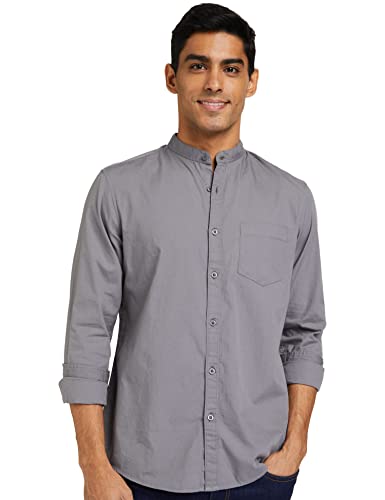 Image of Amazon Brand - Symbol Men's Solid Cotton Shirt | Chinese Collar | Casual | Plain | Full Sleeve | Summer-Regular Fit (Available in Plus Sizes)
