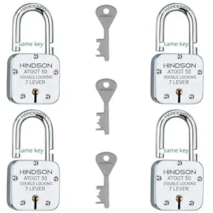 HINDSON Small Lock and Key, Door Lock for Home, Shop Same Key for Multiple Lock, 4 Same Key Lock Set, Common Key Lock Set of 4 (Finish Silver)(50mm Atoot Same 4 Small Lock)