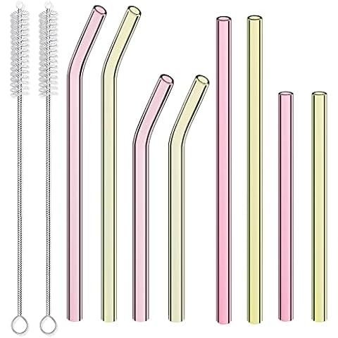 Prounion 8 Glass Straw with 2 Cleaner Brushes, Coloured Reusable Bent&Straight Glass Straw Dishwasher Safe Eco Friendly Durable Glass Straws Drinking for 20/30oz Smoothie Cocktail Cold Drinks Cover