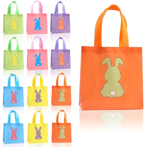 Easter Bags for Kids with Handles 12Pack Reusable Easter Gift Bags for Egg Hunt & Party Favors 6 Designs Small Cute Bunny Goodie Tote Bags for Kids Candy Treat Toy Gift Wrapping Holiday Party Supplies (7.87x3.15x7.87 Inch)