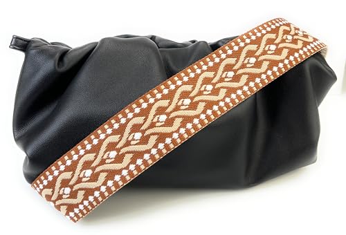 Image of Cream Brown Geometric Jacquard Purse Strap with Bronze Hardware 2 Inch Wide Replacement Crossbody Guitar Style Adjustable Shoulder Strap for Handbags Totes
