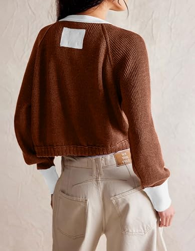 Image of loveimgs Women Knitted Button Down Cropped Cardigan Jacket Sweater Y2k Fall Knit Color Block Sweater Crewneck Crop Short Coat