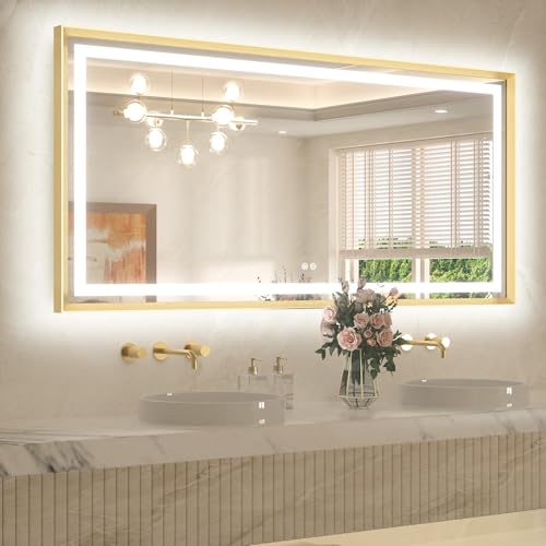 TETOTE 60 x 30 Large Bathroom Mirror Brushed Gold Metal Frame Frontlit & Backlit Vanity Mirror 3 Colors White/Warm/Natural Stepless Dimmable Anti-Fog Bathroom Mirrors for Vanity Wall-Mounted
