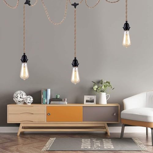 FRIDEKO HOME Pendelleuchte mit Stecker,3 Flammige Lampenfassung E27 mit Kabel,Vintage Lampenkabel mit Schalter mit 8,8M Hanfseil Plug,DIY Hängelampe für Esszimmer Schlafzimmer - Ohne Glühbirne