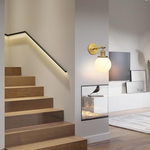 Image of Phansthy 1-Light Wall Sconce, Brass Boho Bathroom Vanity Light, Modern Wall Light with Globe Glass Shade E26 Base, Adjustable Wall Lighting Fixtures for Bedroom, Living Room (Antique, White Shade)