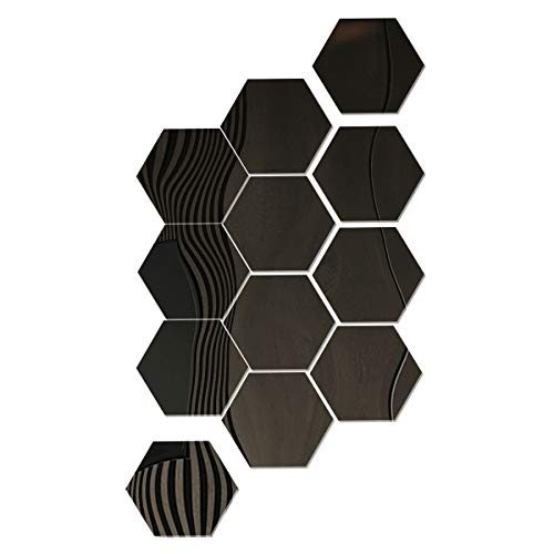 SUNTATOP Pegatinas de Pared de Espejo Hexagonal Adhesivo de Pared de Espejo Acrílico Adhesivo para Decoración de Pared DIY 17.7x15.3x9cm Juego de 12, Negro