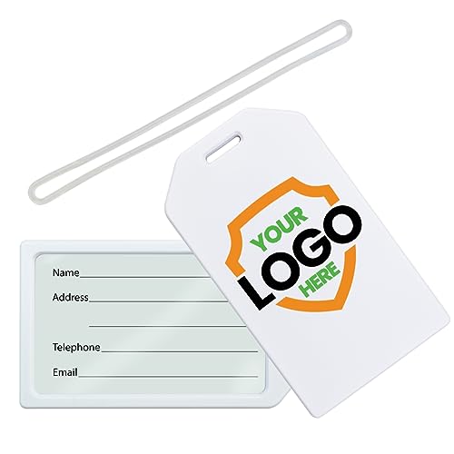 10 Pack - Bulk Custom Luggage Tags - Heavy Duty Personalized Bag Tag for Suitcases or Backpack - Hard Plastic - Add Company Logo, School I’D, Photo - Quality & Detail UV Print by Specialist ID (White)