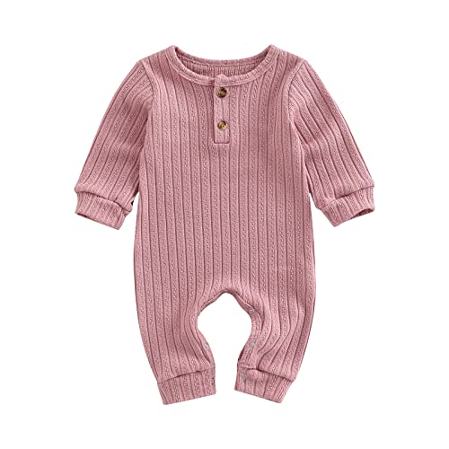 Image of Ynibbim Winter Newborn Baby Boy Girl Solid Romper Unisex Infants Hooded Outfit Clothes Waffle Cotton Button Jumpsuits