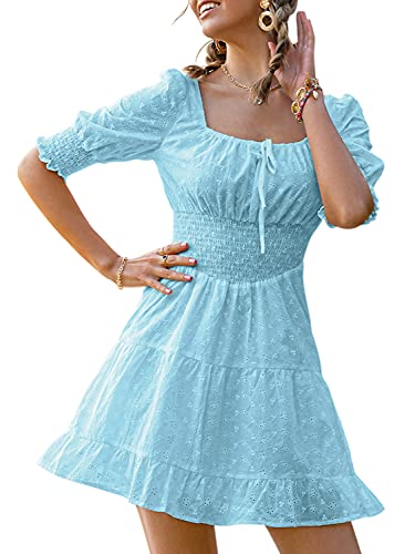 Lovinchic Women s Casual White Mini Dress Puff Sleeve Ruffle Tiered Short Dress Light Blue 4-6