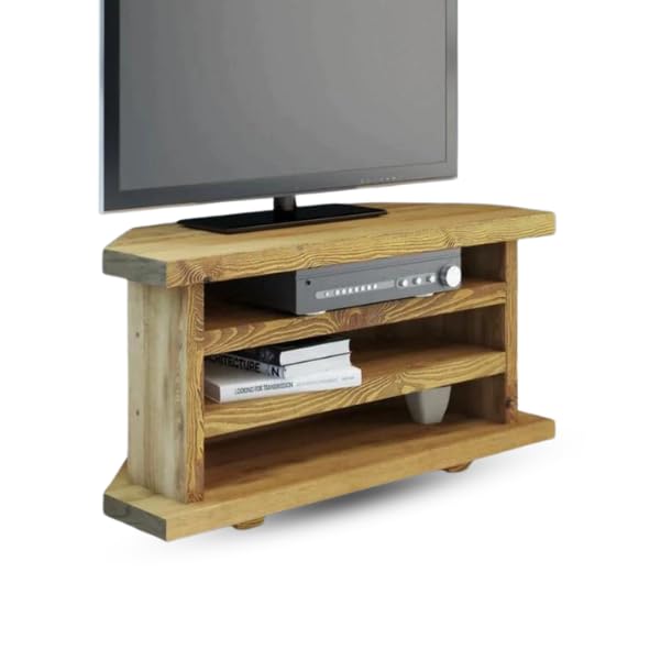 BLU Coast Bolderwood Solid Wood Corner Tv Unit, Widescreen Open Shelf Natural Wood Rustic Media Cabinet, Storage for Sound Bars, Gaming Consoles and Home Electronics 100lx40Dx52H – Dark Oak