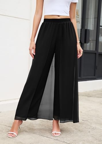 WANGZHI Women's Wide Leg Dress Pant Elegant Party Elastic Waist Trouser with Pockets2