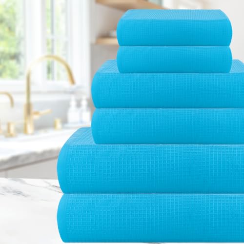 Image of Casa Copenhagen, Egyptian Cotton - Waffle Terry Towel 6 Piece Set, Includes 2 Bath Towels 2 Hand Towels 2 Washcloths - Teal Blue