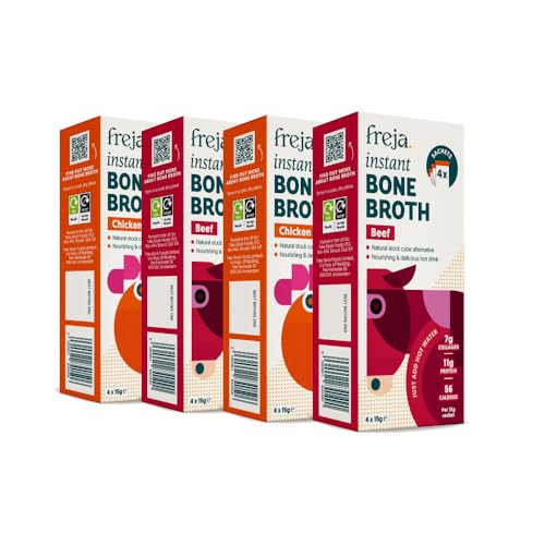 Freja Best of Instant Bone Broth | Beef & Chicken | 100% Natural | Rich in Collagen Protein & Amino Acids | Dairy & Gluten Free | 4 Boxes (4 x 15g Sachets per Box)