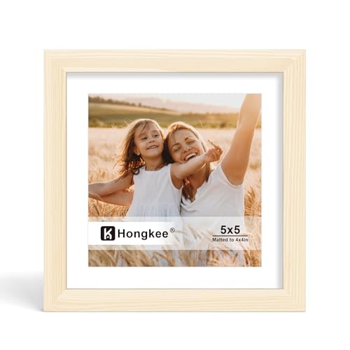 Hongkee 5x5 Picture Frame Made of Solid Wood with Real Glass Display Pictures 4x4 with Mat or 5 x 5 without Mat - Wall and Tabletop (Natural 1 Pack)