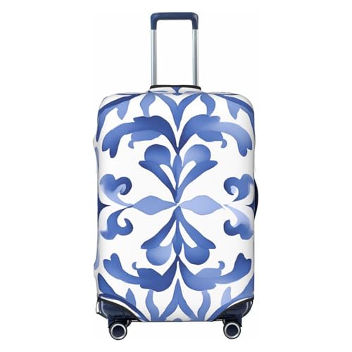 Retro Blue Tiles Flower Elastic Travel Luggage Cover, Washable Spandex Suitcase Protector, Anti-Scratch Fits 18-32 Inch