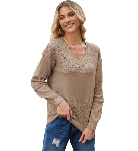 Image of Bluetime Womens Fall Fashion 2024 Sweaters V Neck Ribbed Knit Lightweight Casual Long Sleeve Crochet Pullover Sweater Tops