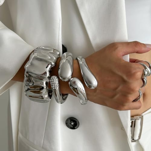 Chunky Gold Bracelets for Women Cuff Open Silver Crystal Stackable Bangle Bracelets Statement Jewelry 3Pcs Set (Gold)4