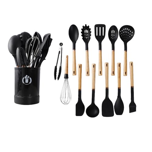 Jiufei Home Silicone Cooking Utensils Set, Kitchen Utensils Set 13 Pcs for cooking, BPA Free Spatula Set with Heat Resistant Wood Handles for Nonstick Cookware Dishwasher Safe(Black)
